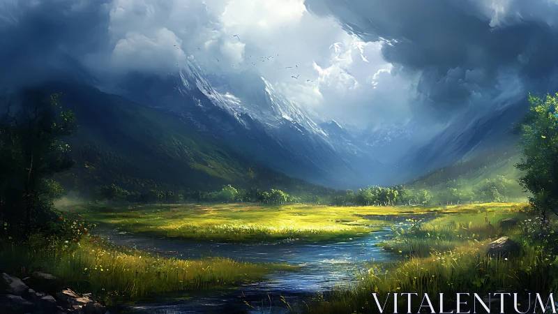 Sunlit mountain meadow cradled by dramatic storm clouds.