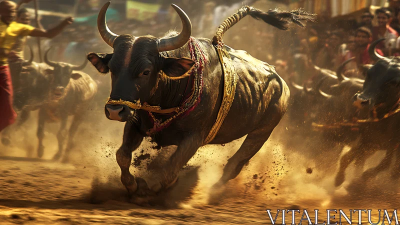 Powerful bull charging through golden festival dust.