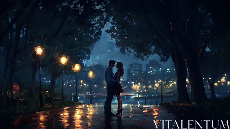Urban Romantic Encounter: Nocturnal Park Promenade Beneath Canopy.