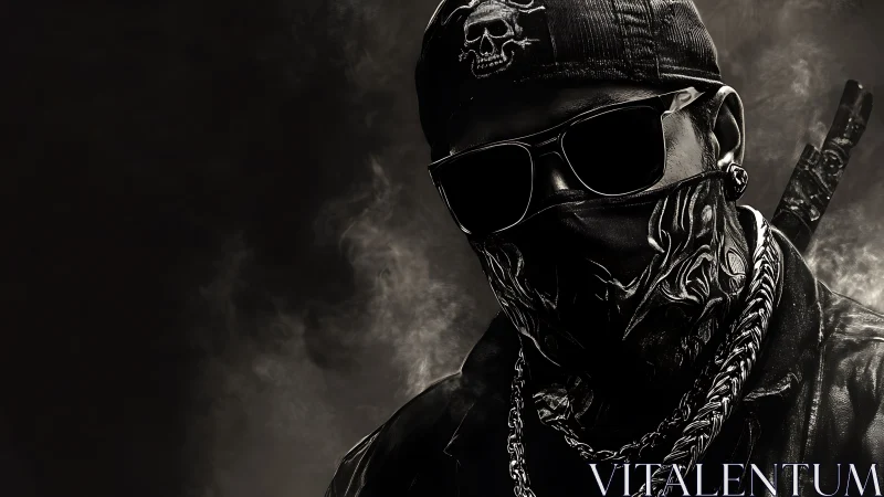 Masked street figure in dark monochrome smoke scene.