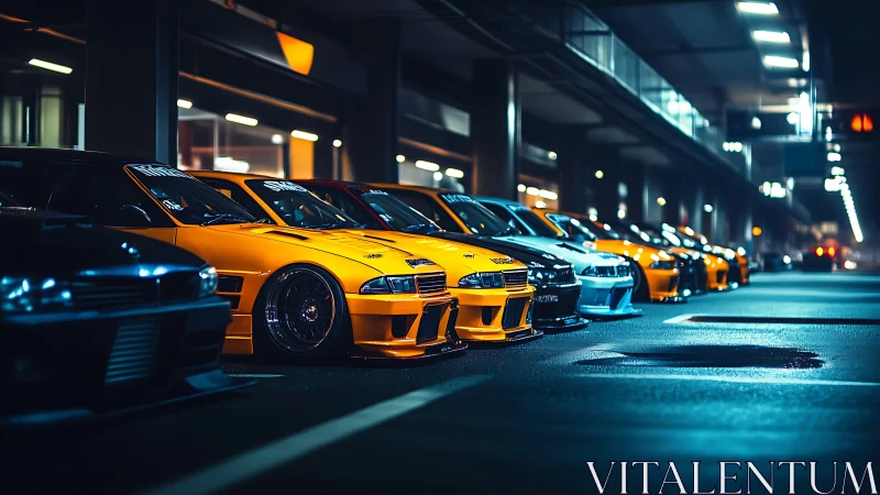 Neon-lit tuner lineup prowls a midnight city parking arena.