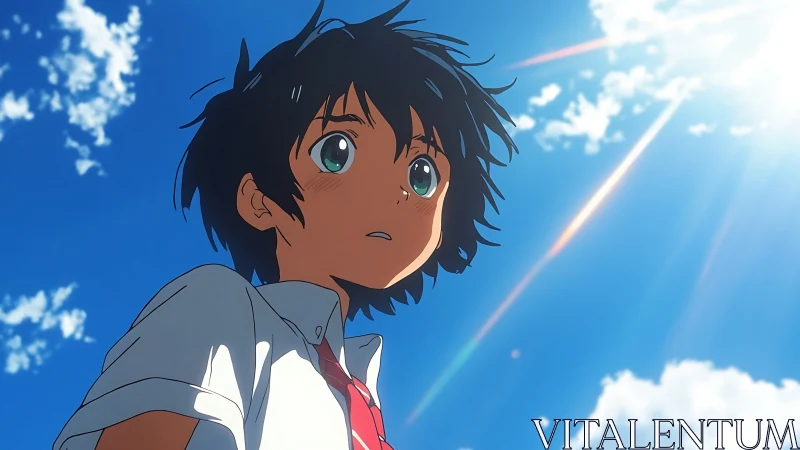 Anime boy under radiant sky with streaking meteor trails.