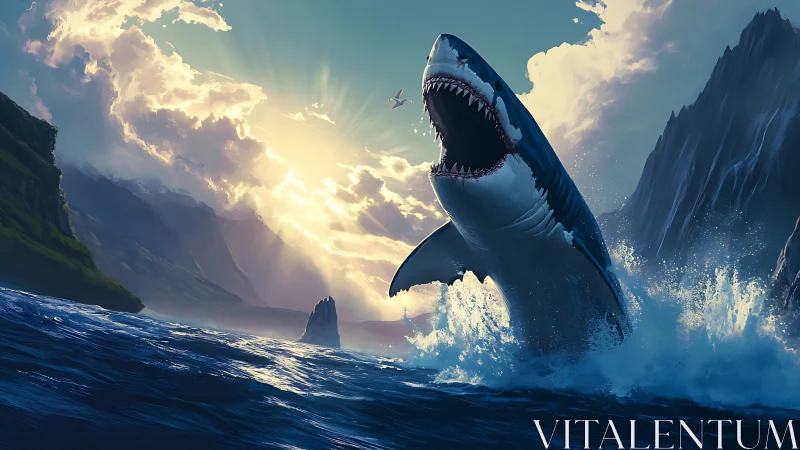 Great white shark breaches violently near rocky coastline