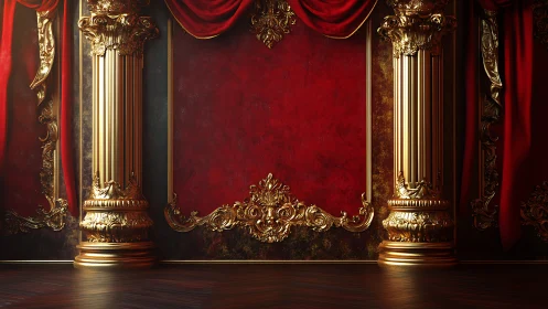 Ornate red and gold classical interior wall with columns.