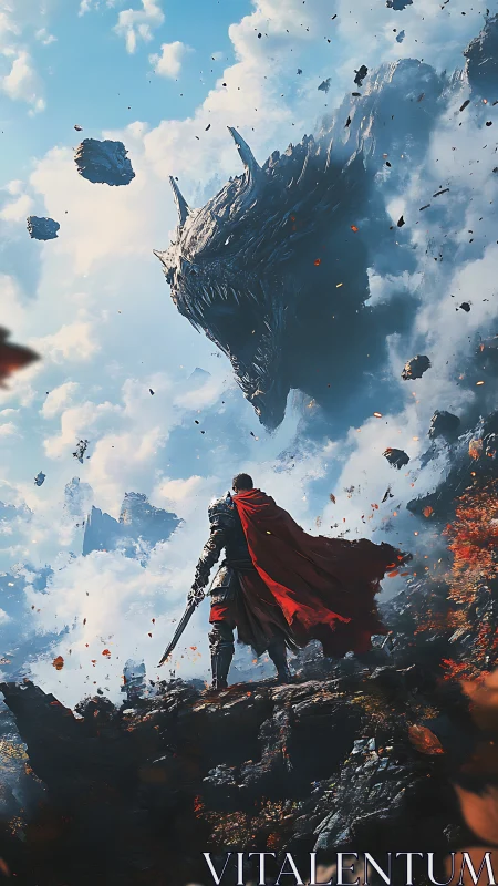 Armored warrior confronts colossal dragon head in stormy sky