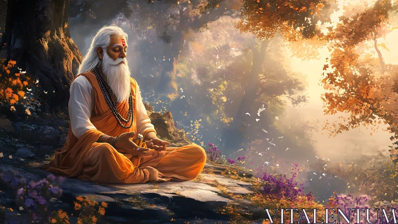 Meditating sage in volumetric forest light with high color contrast