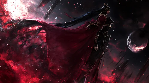 Scarlet warrior queen strides through a storm of crimson stars