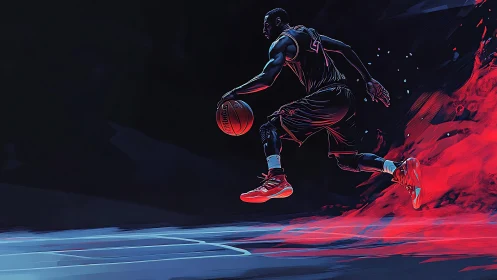 Neon-lit digital painting of dynamic basketball drive motion