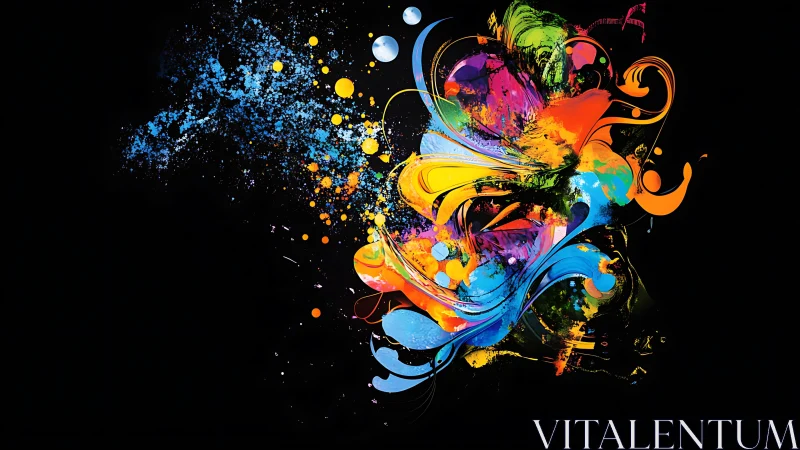 Vibrant abstract paint eruption over deep black void.