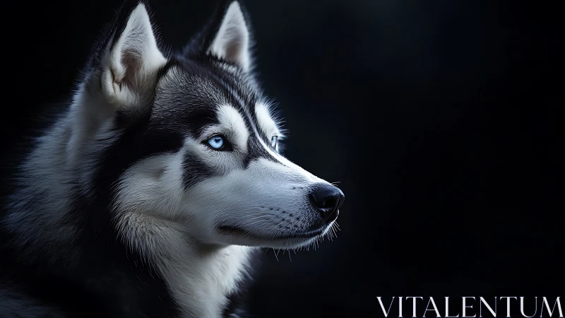 High-contrast husky portrait with blue eyes on dark background