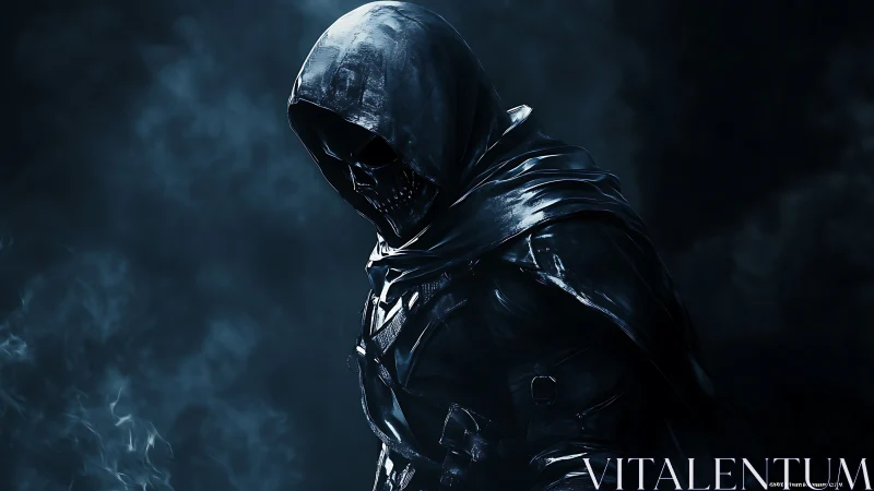 Hooded skull figure in dark smoky environment at night.