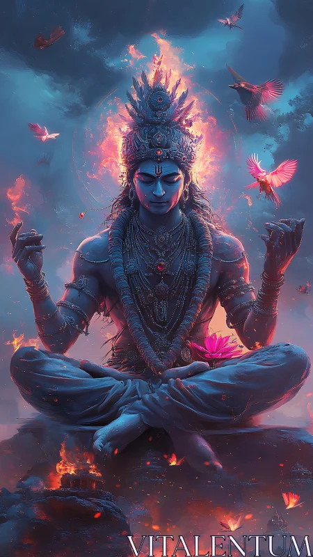 Seated blue figure in lotus pose with flaming halo and birds