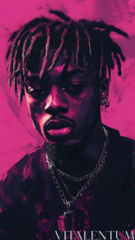 Portrait shows stylized man with chains on vivid magenta background