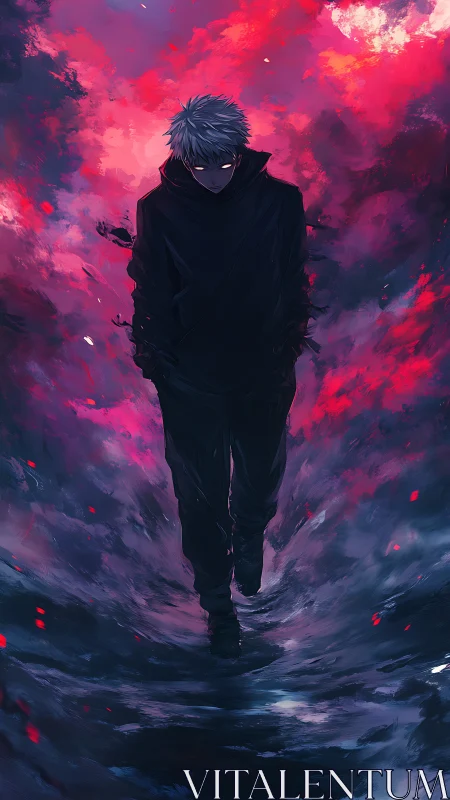 Solitary hooded figure in dark cloak amid red clouds.