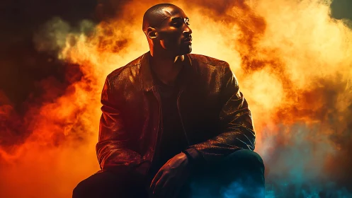 Cinematic low-key portrait in bicolor atmospheric smoke field