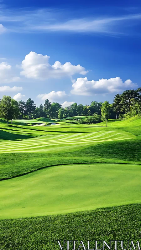 Golf course fairway and green under clear blue sky.