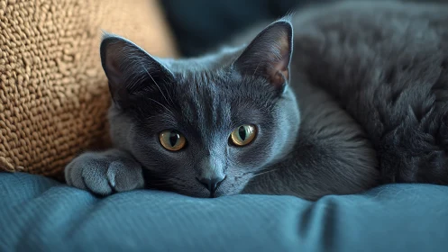 Black Feline Specimen Positioned on Household Textiles.