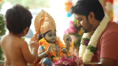 Father and child worship ornate Krishna idol during ritual