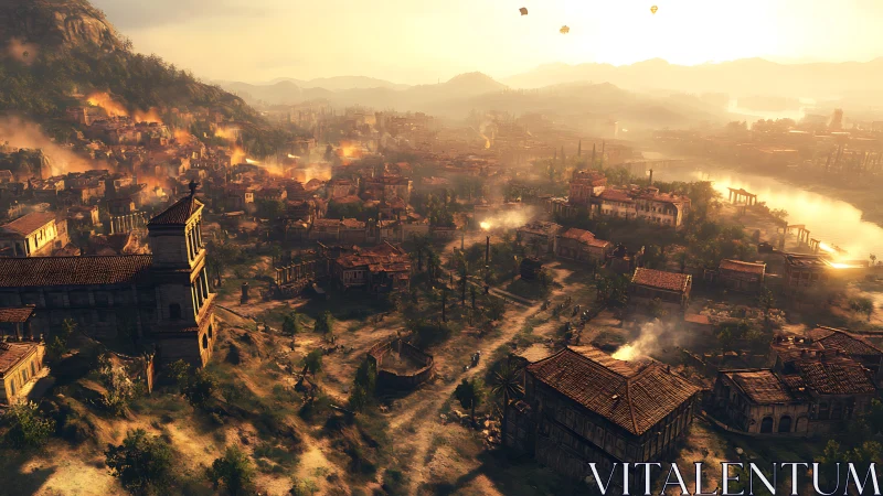 Sunlit ancient river metropolis under systematic bombardment.