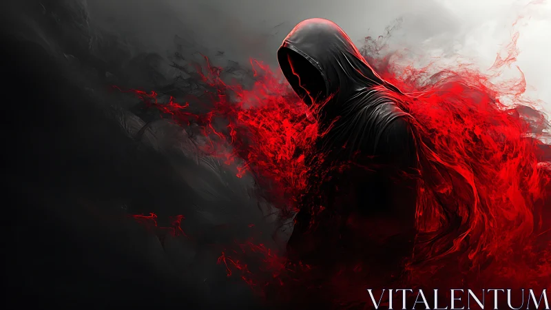 Hooded ember wraith dissolving into wild crimson storm.