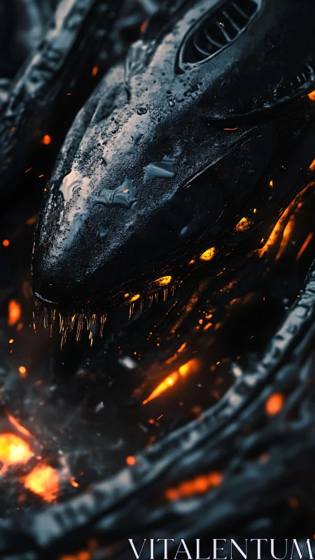 Molten-lit biomechanical creature head emerges from darkness