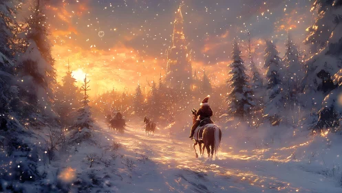 Riders travel through snowy forest toward distant lit tower