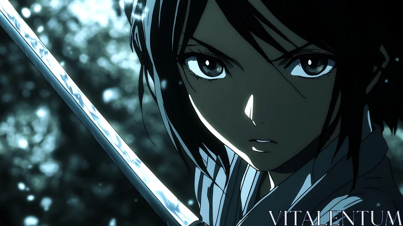 Anime swordswoman in close-up with drawn blade outdoors.
