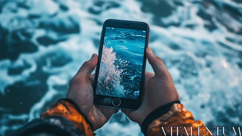 Ocean portal in a phone screen, waves colliding with reality.