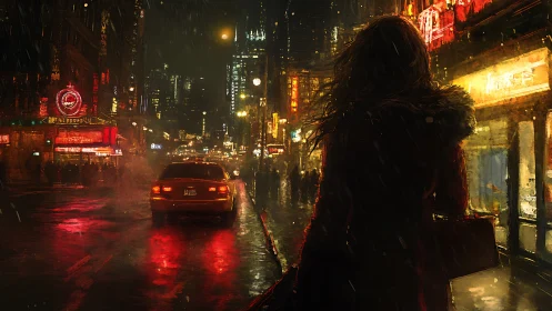 Midnight city rain glows around a lone, waiting figure