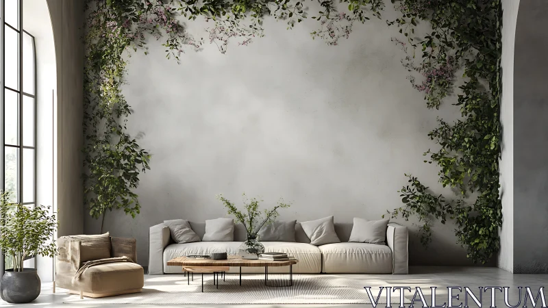 Sunlit sofa garden curling softly around serene walls.