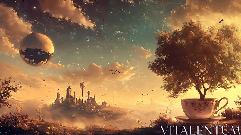 Surreal fantasy landscape with castle, orb and tea tree.