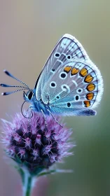 Macro photograph shows blue butterfly resting on thistle