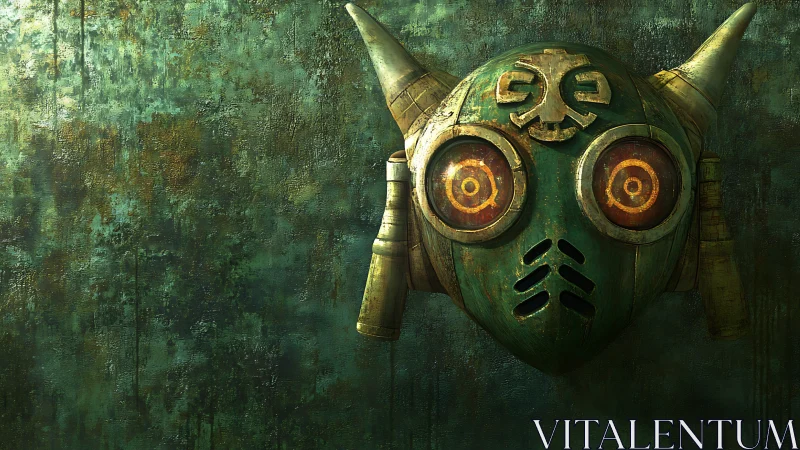 Rusty robot mask with glowing eyes on a weathered wall.