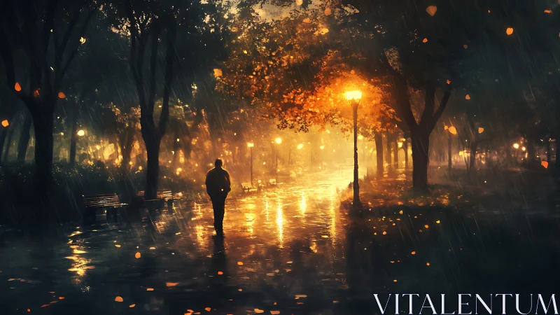 Lone figure crossing rain soaked park under amber lamps.