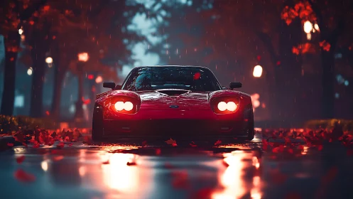 Red sports car advances through rainy neon-lit autumn avenue
