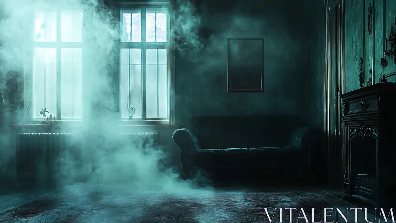 Fog-drenched Victorian parlor holds dark velvet sofa