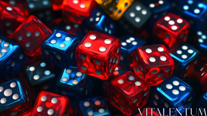 Glowing red and blue dice tumbling in playful color chaos.