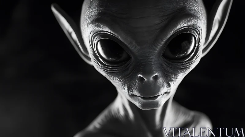 Monochrome close-up rendering isolates an alien&rsquo;s sculpted visage