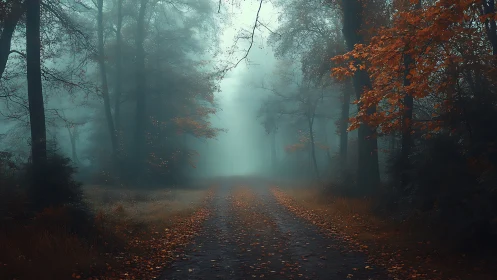 Misty Forest Path: Atmospheric Woodland Avenue Through Fog