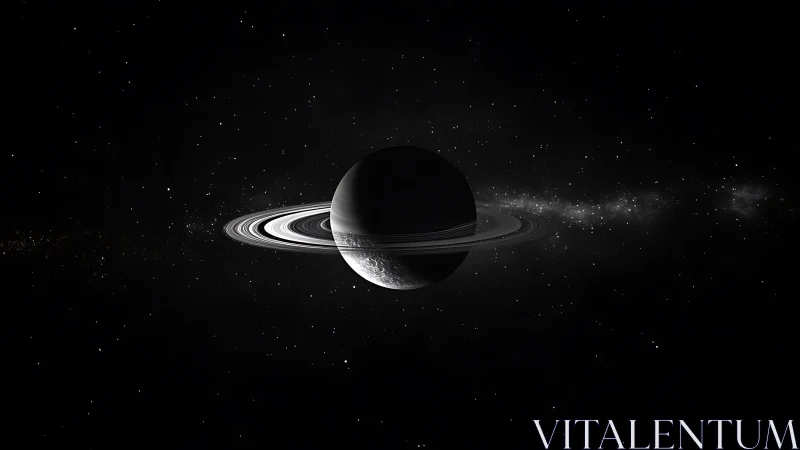Ringed gas giant silhouetted in deep-space monochrome.