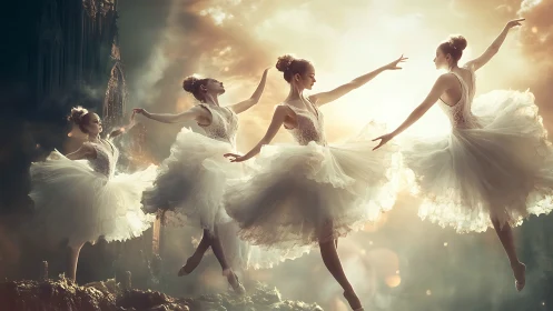 Ethereal ballerinas perform en pointe amid atmospheric light