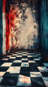 Checkered corridor falls into shadow and burning light.