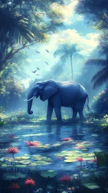 Elephant in luminous jungle pond with ethereal blue lighting.