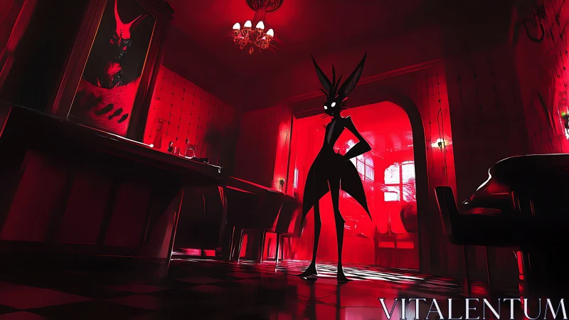 Silhouetted horned figure in red-lit interior environment.
