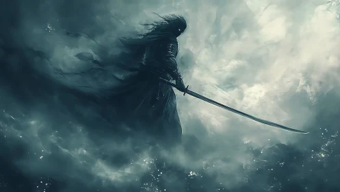 Hooded swordsman stands in swirling mist with drawn blade