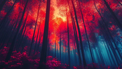 Enchanted Forest Glowing in Brilliant Red and Gold Light