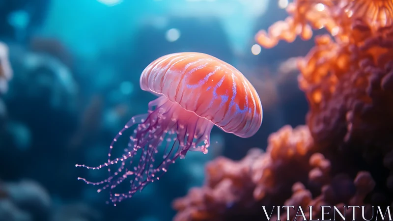 Solitary jellyfish suspended in softly lit marine water.