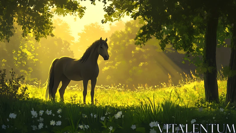 Backlit horse in volumetric sunrise light across dense forest edge