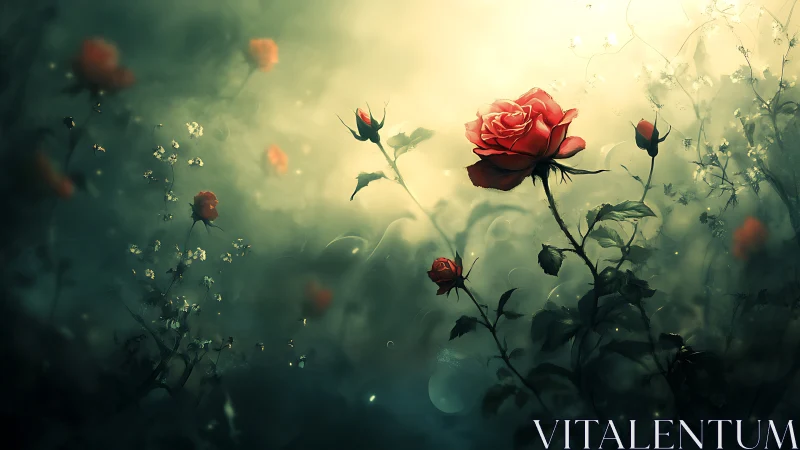 Crimson Roses Suspended in Ethereal Luminescence and Atmospheric Haze
