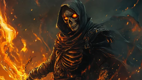 Hooded flaming skeleton warrior stares forward in fire